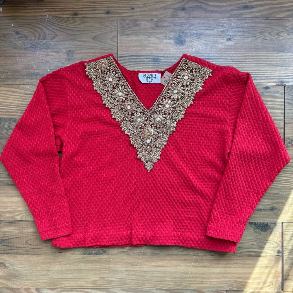 Vintage Cervelle Red top with Gold Lace Embellished Neckline